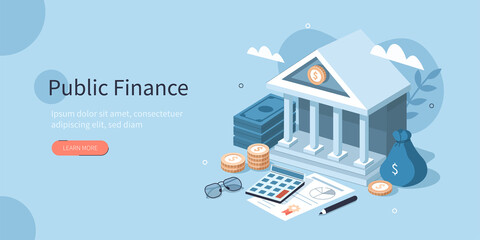 coins, banknotes, financial documents lying near government finance department or tax office column 