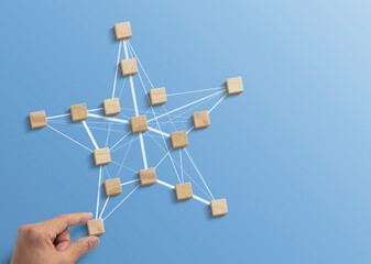 Human resources management, teamwork management or business strategy to success concept. Hand is arranging wooden blocks in low polygon star shape network on blue background.