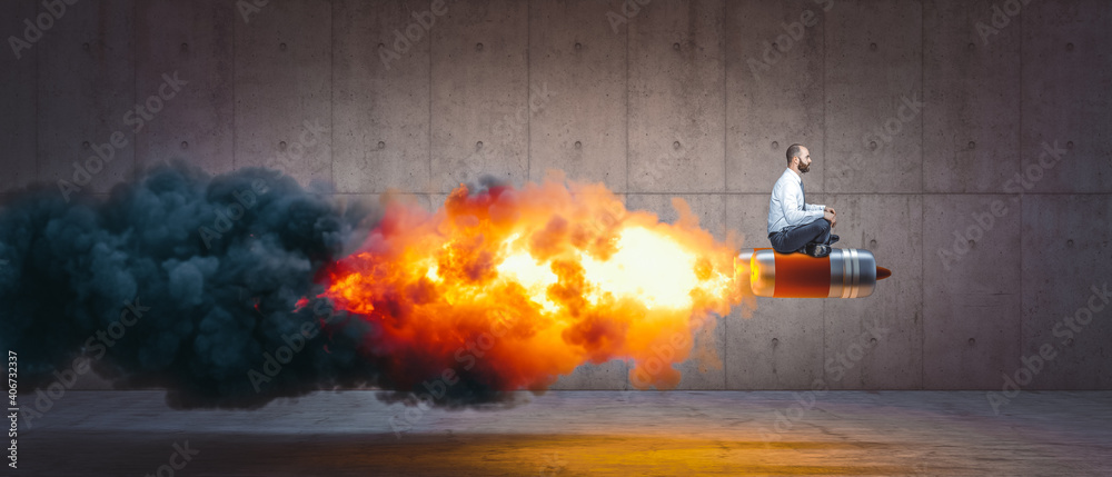 man sitting on a rocket with flames and smoke. - obrazy, fototapety, plakaty 
