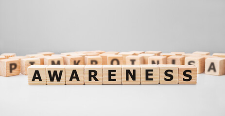 Poster - Word AWARENESS made with wood building blocks