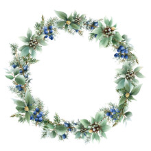 Floral Wreath With Juniper, Blue Berries And Green Leaves Hand Drawn In Watercolor Isolated On A White Background. Watercolor Illustration. Floral Watercolor Wreath.