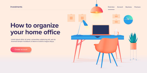 Home workplace or office room interior in isometric vector ilustration. Remote job place with laptop computer, desk an chair. Stylish contemporary furnite and equipment. Web banner layout.