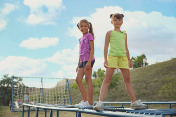 Wall Mural - Cute children on playground climber outdoors. Summer camp