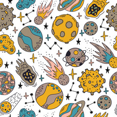 Wall Mural - space planets pattern. cute hand drawn planets and stars seamless pattern. cosmic elements vector ba
