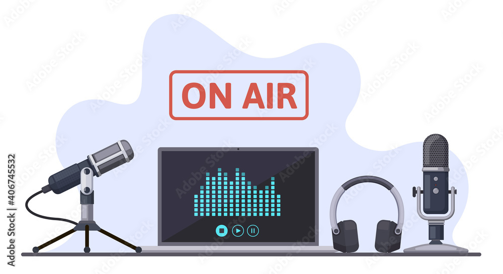 On air. Podcast, radio broadcast, or audio streams, sound recording with microphone and headphones. Online podcast vector illustration set. Record studio with laptop, media and entertainment - obrazy, fototapety, plakaty 