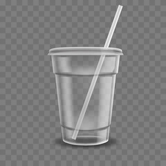 Realistic plastic coffee cup. Clear plastic cup mockup for coffee, iced tea, juice or milkshake. Disposable beverage packaging vector illustration. Empty drink take away container mockup