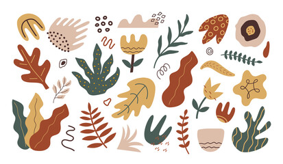 Poster - Set of abstract hand drawn leaves, flowers and doodle shapes isolated on white background. Modern contemporary vector design