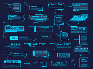 Futuristic callouts titles. Info boxes, digital information bar labels, modern description banner. Callout bar titles vector illustration set. Hud collection layout templates on dark blue