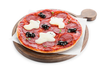 Cute Halloween pizza with ghosts and spiders on white background