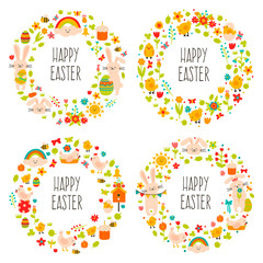 Easter wreaths. Cute doodle spring decorations, wreath with spring eggs, rabbit and flowers. Happy easter decoration vector icons illustration set. Round frame with rainbow, bunny and chicken