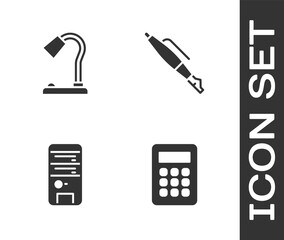 Poster - Set Calculator, Table lamp, Computer and Fountain pen nib icon. Vector.