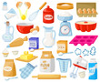 © WinWin - Cartoon baking ingredients. Bakery ingredients, baking flour, eggs, butter and milk vector illustration set. Pastry prepare cooking ingredients. Food supplies as rolling pin , mixer