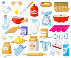 cartoon baking ingredients. bakery ingredients, baking flour, eggs, butter and milk vector illustrat