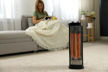 Woman With Cat At Home, Focus On Electric Halogen Heater