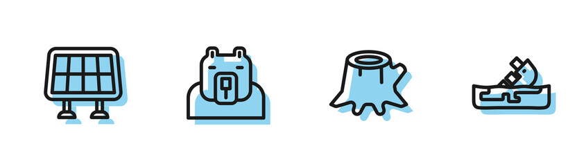 Sticker - Set line Tree stump, Solar energy panel, Polar bear head and Wrecked oil tanker ship icon. Vector.