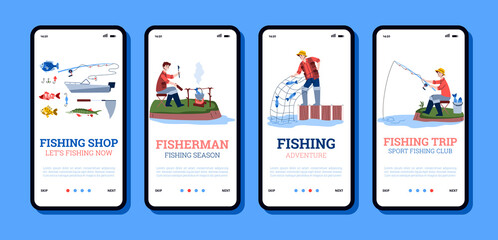 Onboarding mobile app page templates for fishing shops and fishery trips with cartoon fishers, flat vector illustration. Set of onboarding screens for fishery.