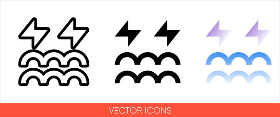 Wall Mural - Weather symbol horizontal wavy lines with lightning sign icon of 3 types color, black and white, outline. Isolated vector sign symbol.