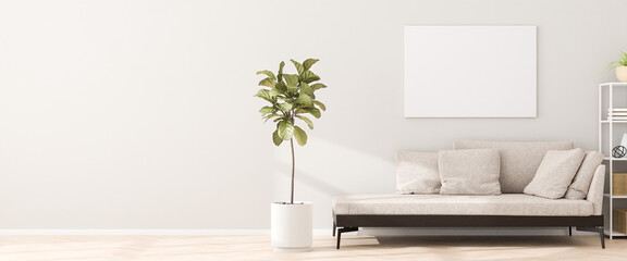 Wall Mural - Chaiselongue style sofa in an apartment with a figue tree, a shelf and a mockup artists canvas on the wall. Sunlight casting shadows. 3d render. Web banner format