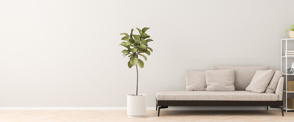 Wall Mural - Chaiselongue style sofa in an apartment with a figue tree and a shelf. 3d render.  Web banner format.