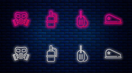 Set line Hand grenade, Military dog tag, Gas mask and beret. Glowing neon icon on brick wall. Vector.