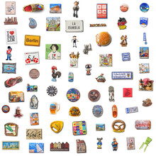 Set Of 70 Souvenir Refrigerator Magnets Isolated On White From Different Cities Of The World. Refrigerator Magnets Are Popular Souvenir And Collectible Objects.