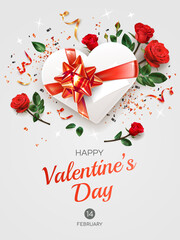 Wall Mural - Vertical Valentine's Day greeting card template with text. Illustration with red Roses, gifts, heart and tinsel on light gray background.