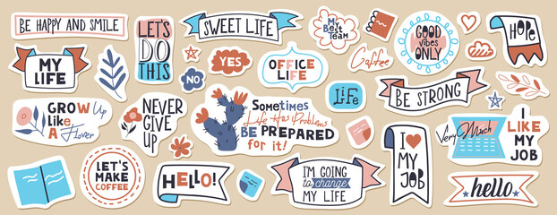 Big set of motivational phrases, quotes, and stickers. 33 objects. Handwritten words for every design production.