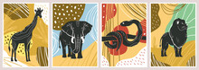 Wild Jungle Animals Such As Snake, Giraffe, Elephant And Lion Abstract Poster Set. Set Of Print Templates. Animals With Floral Ornament And Geometrical Shapes On Back. Vectror Illustrations