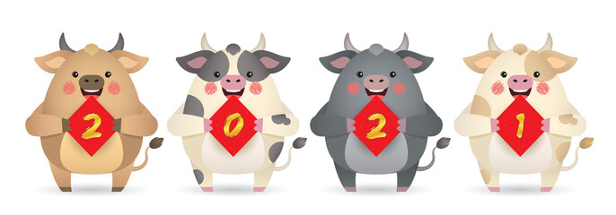 Wall Mural - 2021 year of the ox. Cute cartoon cows with chinese couplet of 2021 isolated on white background. Chinese new year design element. Cartoon ox in different color.