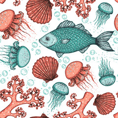 Wall Mural - Seamless pattern, Underwater world hand drawn. Color illustration. Seaweed, coral, seashells, starfish, jellyfish, fish illustration. Vintage design template. Undersea world collection.