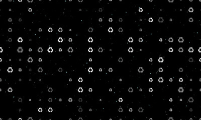 Poster - Seamless background pattern of evenly spaced white recycling symbols of different sizes and opacity. Vector illustration on black background with stars