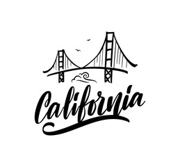 Wall Mural - handwritten lettering composition of california beach with hand drawn golden gate bridge