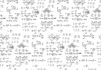 Wall Mural - Rotation. Mathematical formulas, physical equations and outlines on white board. Vector hand-drawn seamless pattern. Retro scientific and educational background.