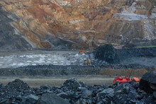 Gold Mine Open Pit Quarry With Working Diiger And Drilling Machine