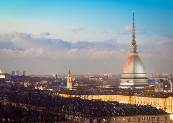 Wall Mural - Turin, Italy. Panorama from Monte dei Cappuccini (Cappuccini's Hill) at sunset with Alps mountains and Mole Antonelliana