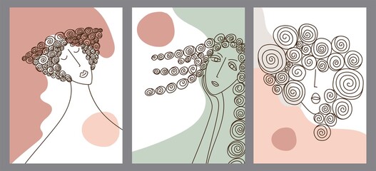 Wall Mural - Set of creative hand painted one line abstract shapes. Minimalist vector icons: woman portrait, curly. For postcard, poster, poster, brochure, cover design, web.