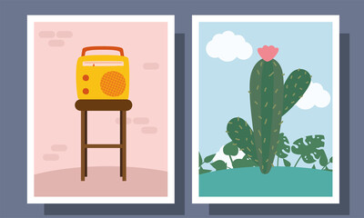 Canvas Print - home radio on table and cactus in frames vector design