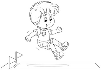 Wall Mural - Cheerful little boy in a long jump with a running start at a competition on a sports ground, black and white outline vector cartoon illustration for a coloring book page