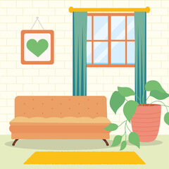 Canvas Print - home orange couch window and plant vector design