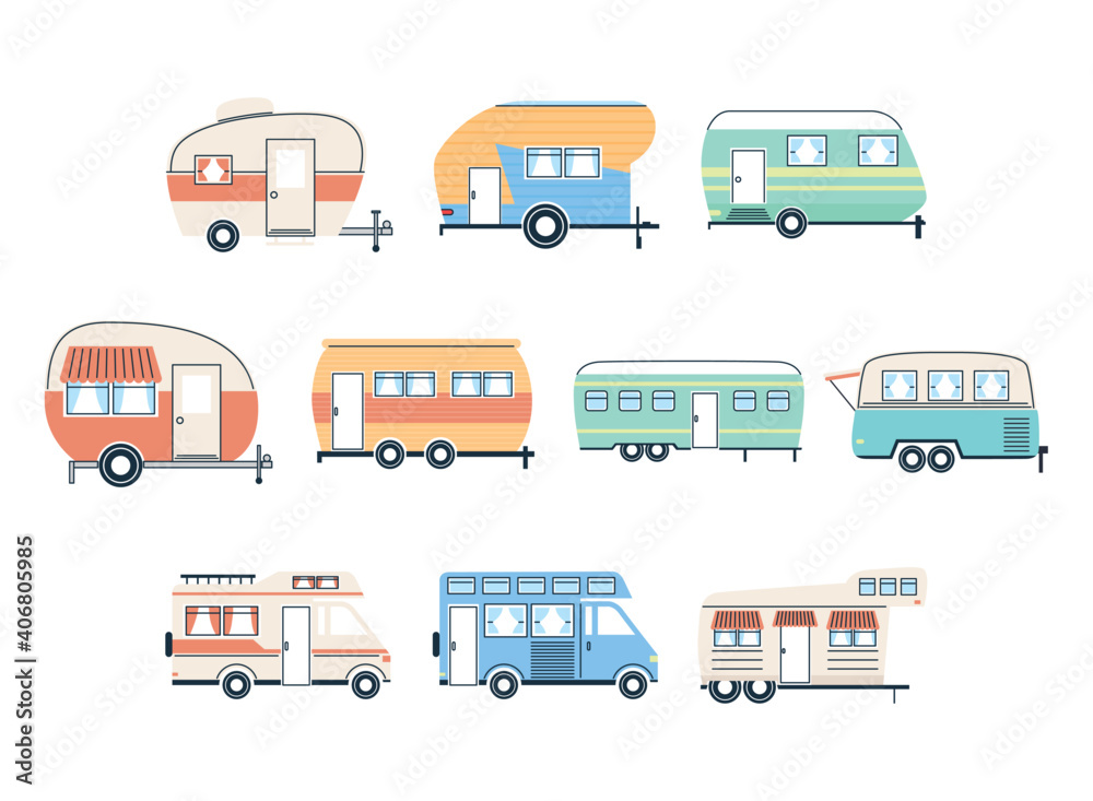 Camper trailers and vans icon group vector design - obrazy, fototapety, plakaty 