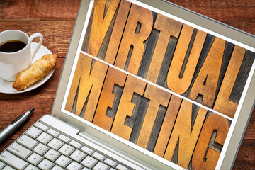 Canvas Print - virtual meeting word abstract in vintage letterpress wood type on a laptop screen, working from home