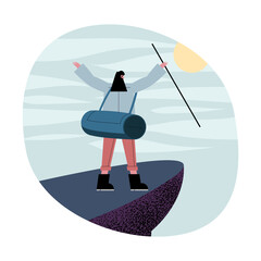 Poster - Hiker woman cartoon with bag and stick on cliff vector design