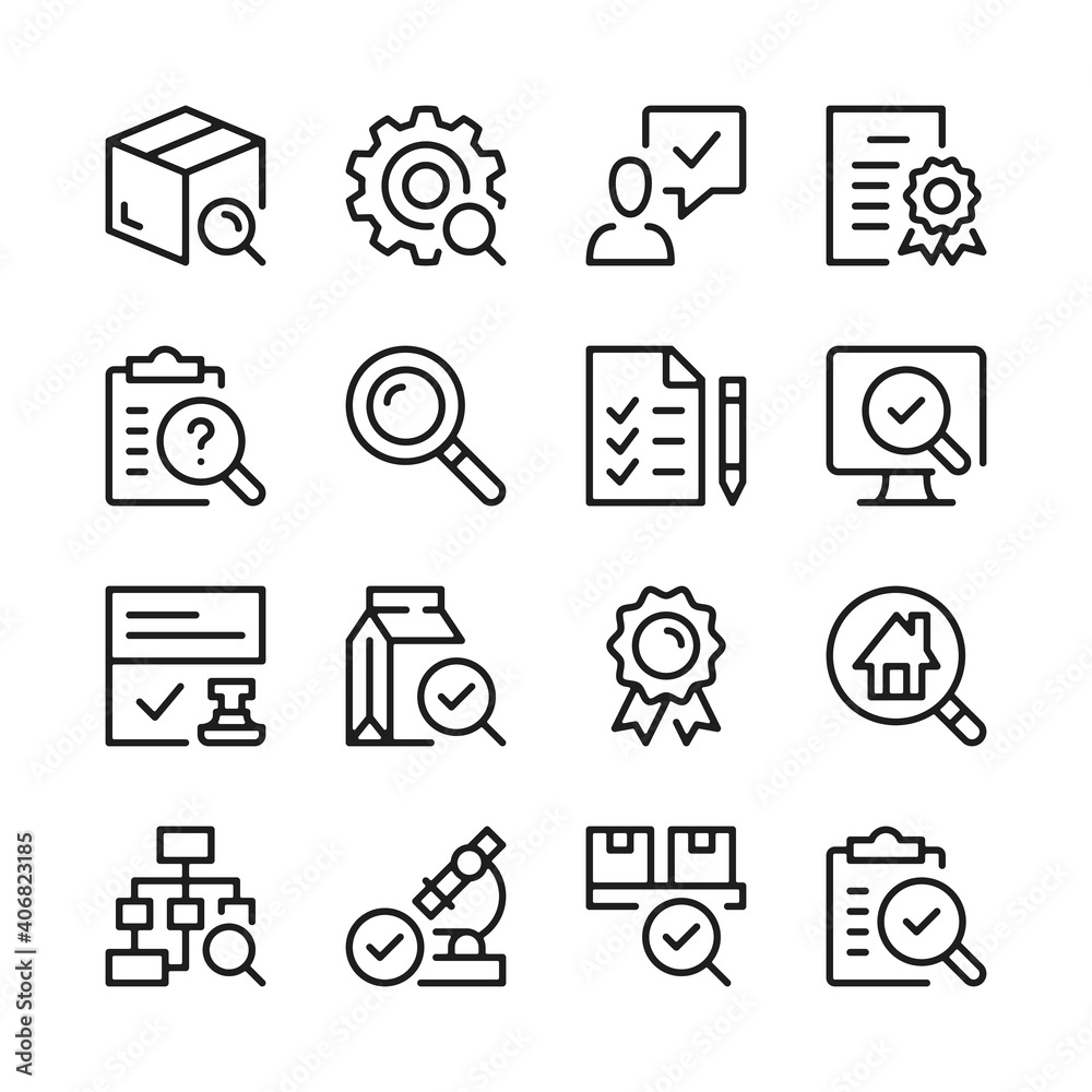 Quality control and inspection line icons set. Modern graphic design concepts, simple outline elements collection. Vector line icons - obrazy, fototapety, plakaty 