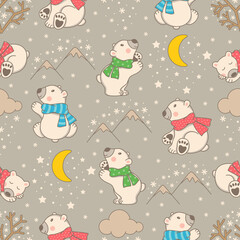 Wall Mural - Seamless pattern with snowflakes, clouds, moon and cute polar bears. Vector illustration.