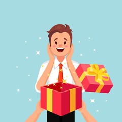 Surprised happy man with open gift. Vector illustration