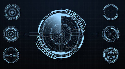 Poster - modern aiming system ui, ux. futuristic optical aim. military collimator sight, gun targets focus ra