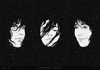 Canvas Print - Woman in space. Night starry sky. Black white vertical background set