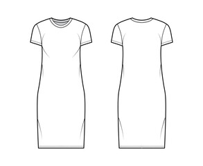 Canvas Print - T-shirt dress technical fashion illustration with crew neck, short sleeves, knee length, oversized, Pencil fullness. Flat apparel template front, back, white color. Women, men, unisex CAD mockup