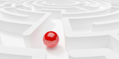 Wall Mural - Red sphere or ball in white maze or labyrinth over white background, success, strategy or solution concept