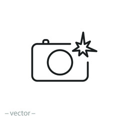 camera with flash icon, photo shot light, professional paparazzi concept, photography process, thin line symbol on white background - editable stroke vector illustration eps10
